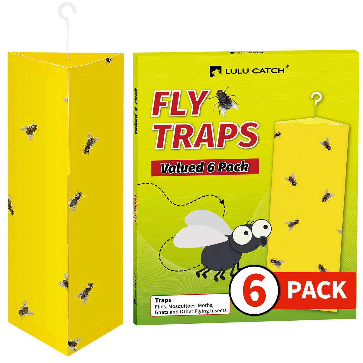 LULUCATCH fly trap pack front view with bright yellow adhesive attracting pests.