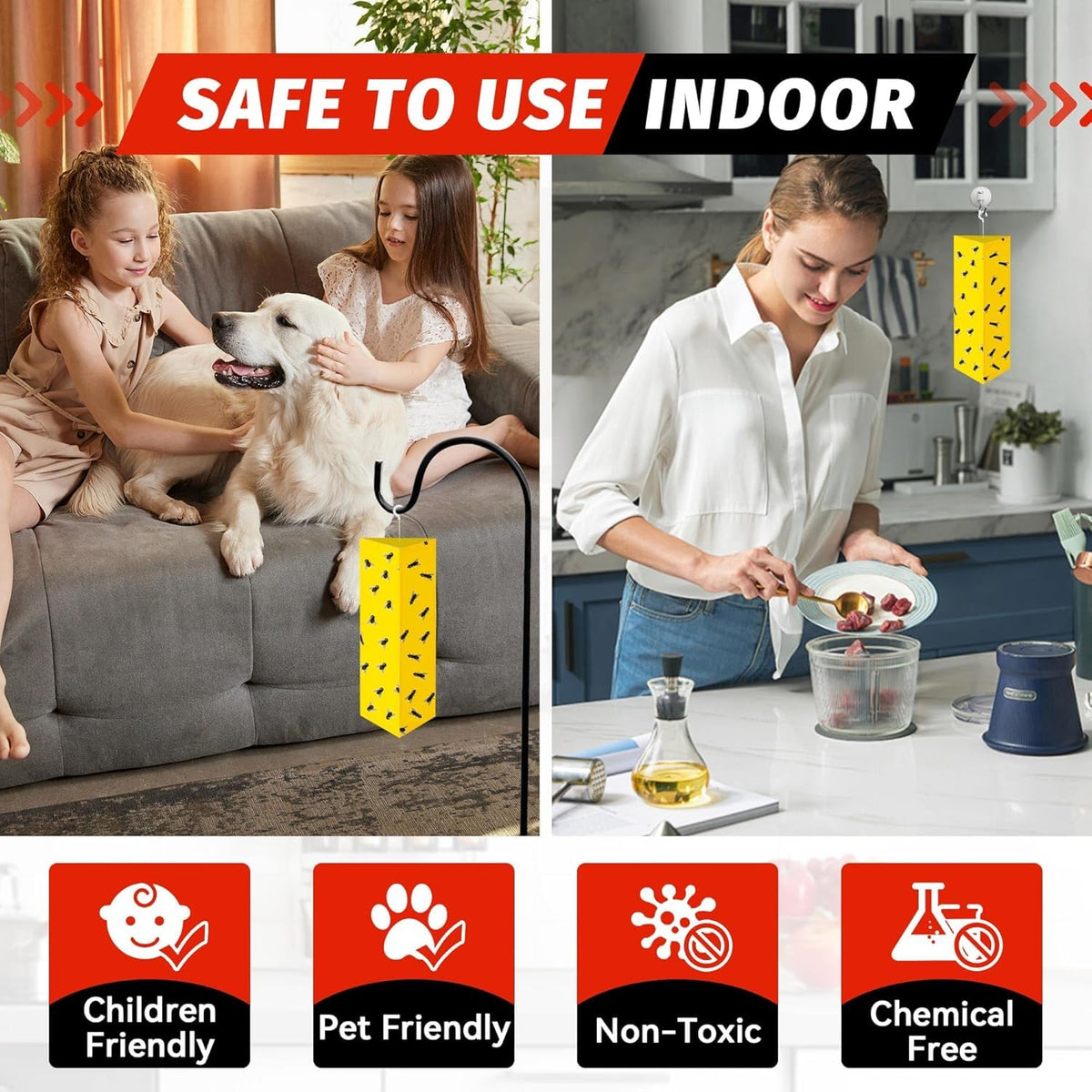 LULUCATCH yellow adhesive close up highlighting safe odorless indoor use.
