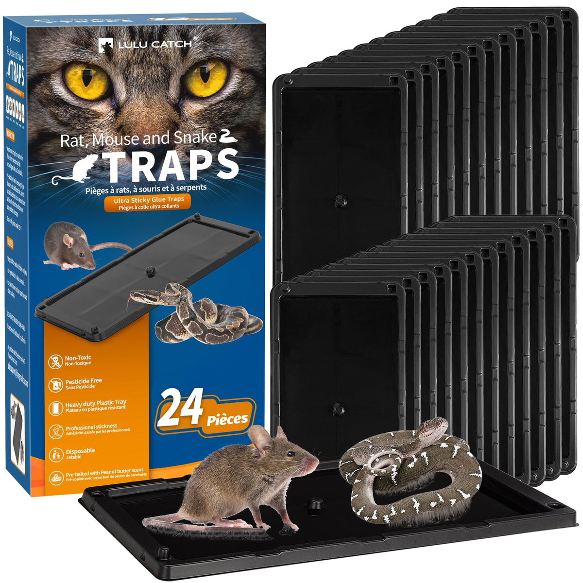 LULUCATCH prebaited glue trap catching mice along a wall.
