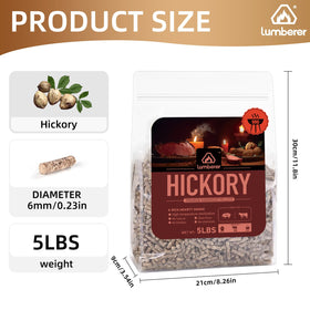 Lumberer Hickory wood pellets pour showing even feed and ready-to-use pellets