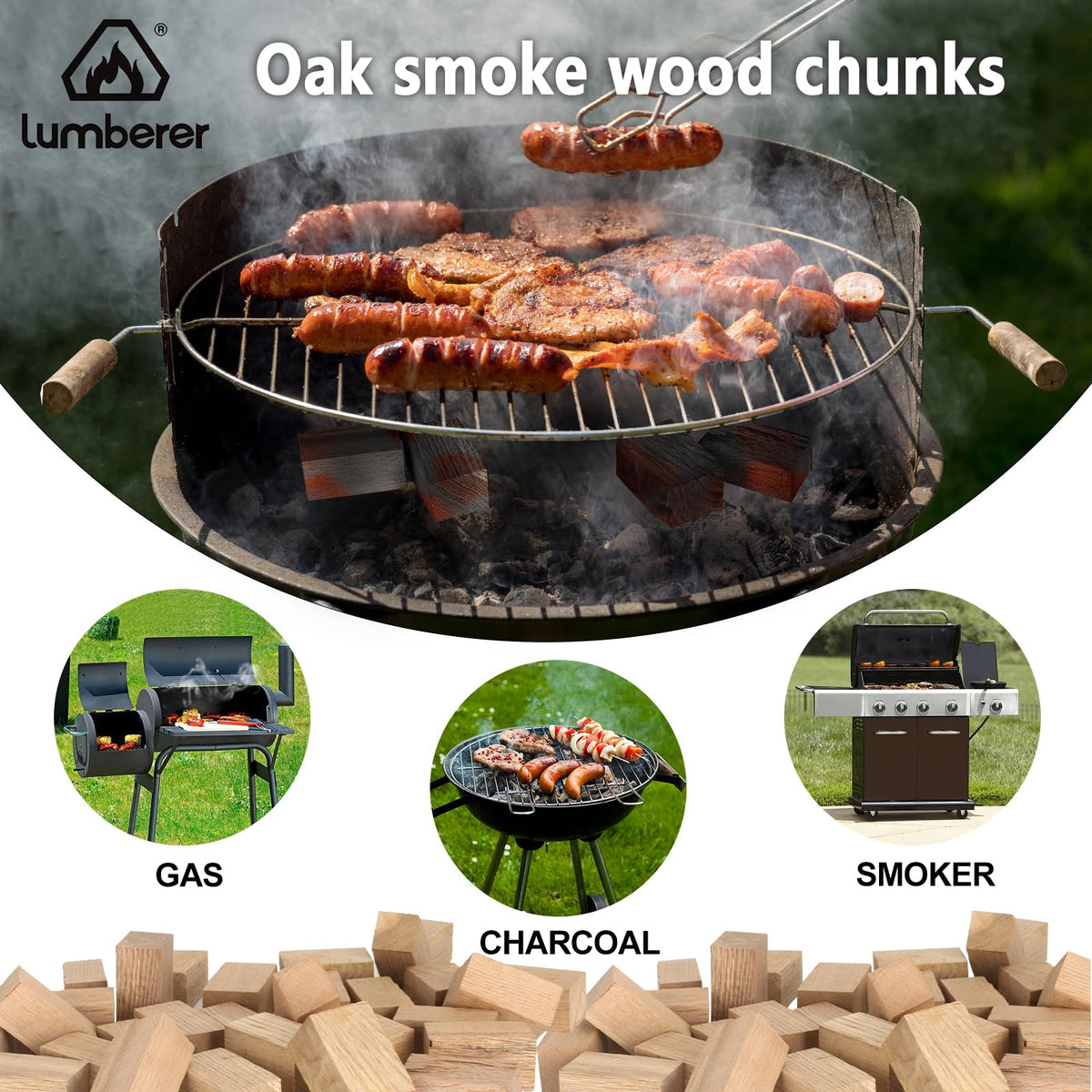 Lumberer Oak Smoking Chunks packaging showing freshness-sealed 4-lb bag