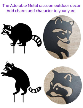 Lume Cradle raccoon stake enhances a flower bed with character.