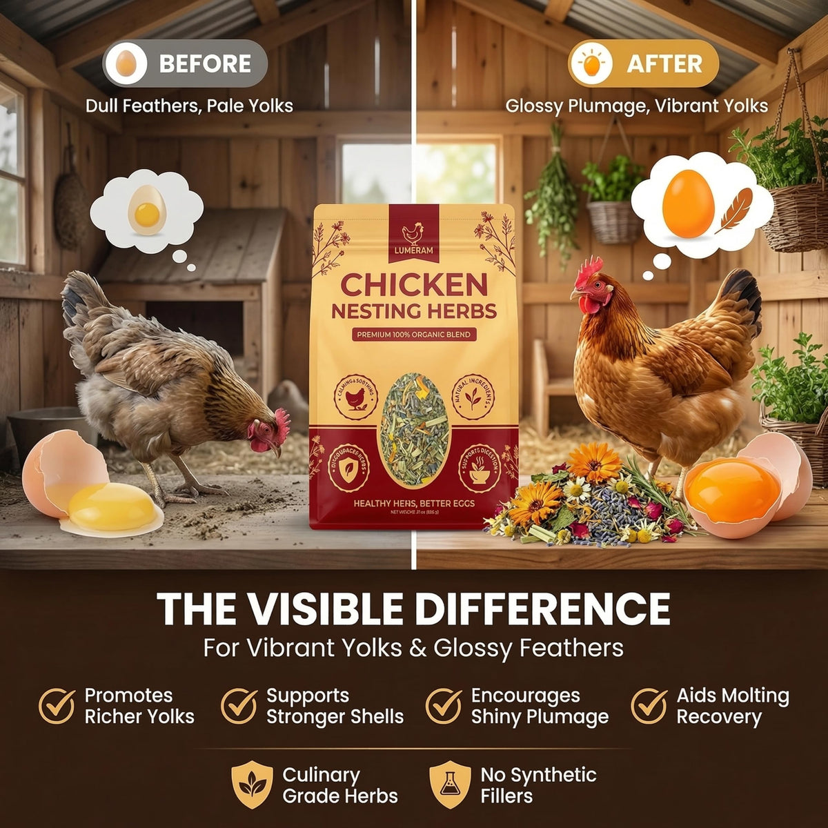 Chickens in coop relaxed with LUMERAM herbs promoting steady nesting routines.