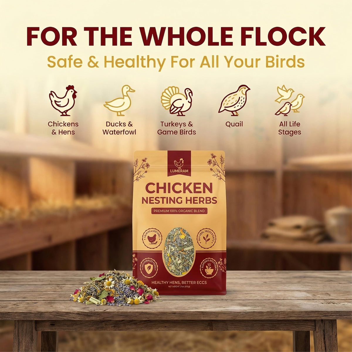 Whole-flock suitability: LUMERAM herbs suit hens, roosters, pullets, and other poultry.