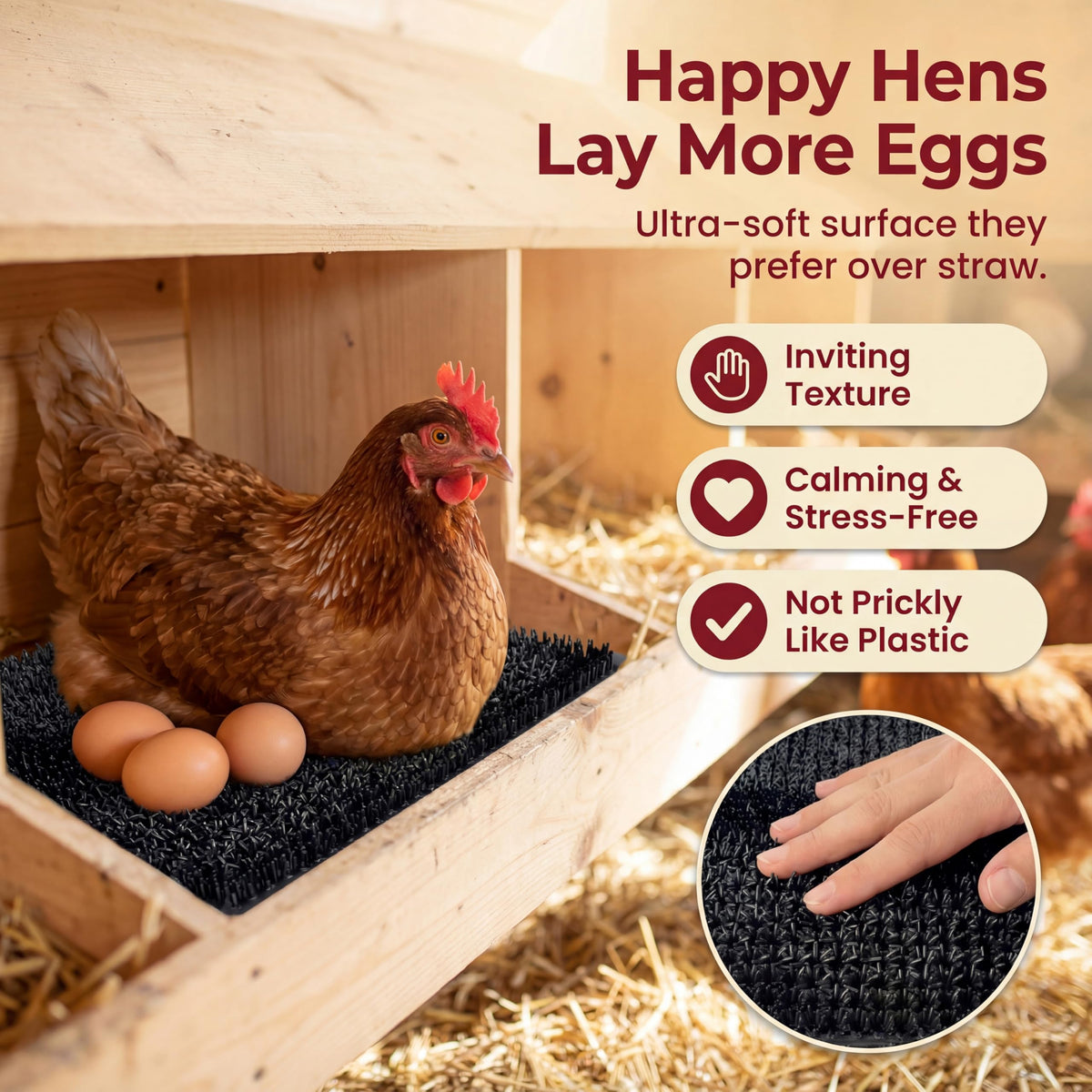 LUMERAM nesting pad with easy-clean surface keeps the coop hygienic.