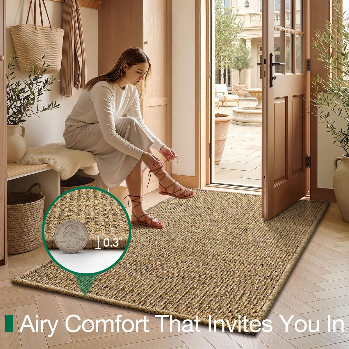 LUMI brown sisal mat on wood floors enhances entryway curb appeal