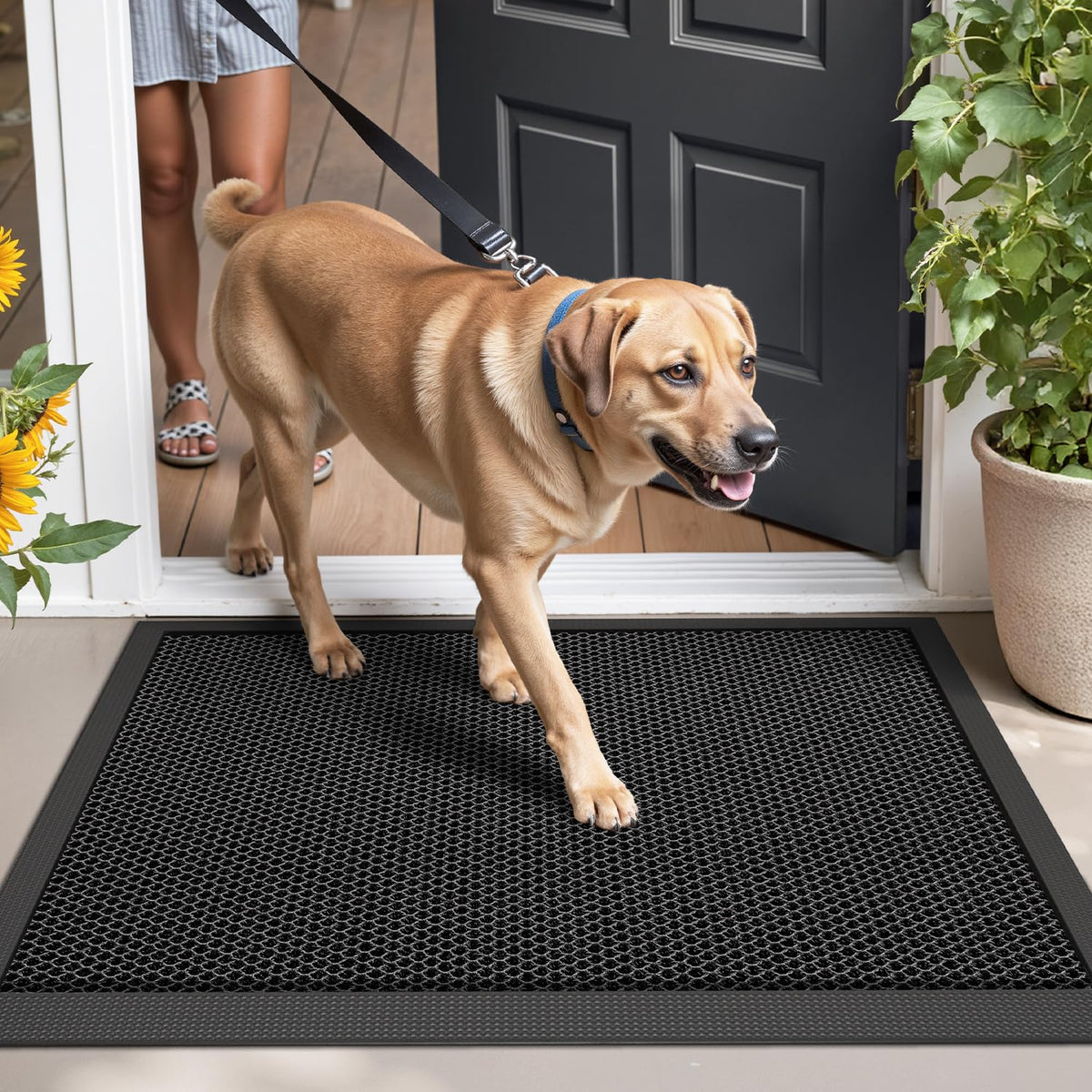 LUMI Front Door Mat traps dirt and moisture before guests step inside.