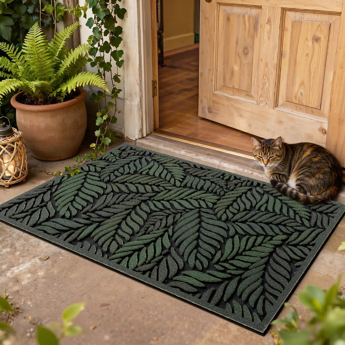 LUMI outside entrance door mat with leaf pattern welcome design and dirt control