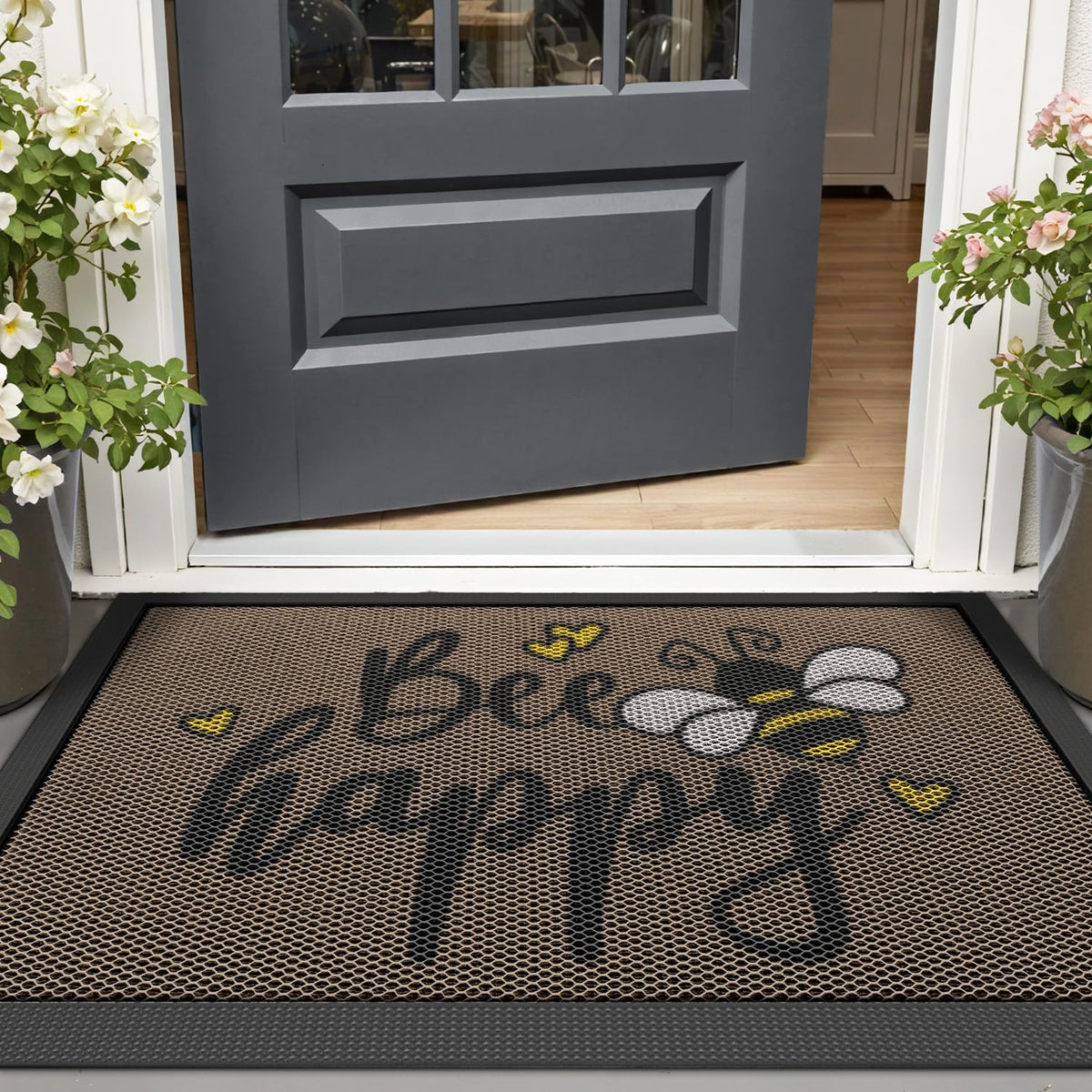LUMI Outside Welcome Door Mat in-use at garage entry keeps mud outside.