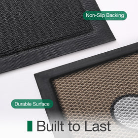 LUMI Outside Welcome Door Mat in-use on porch shows easy cleaning routine.