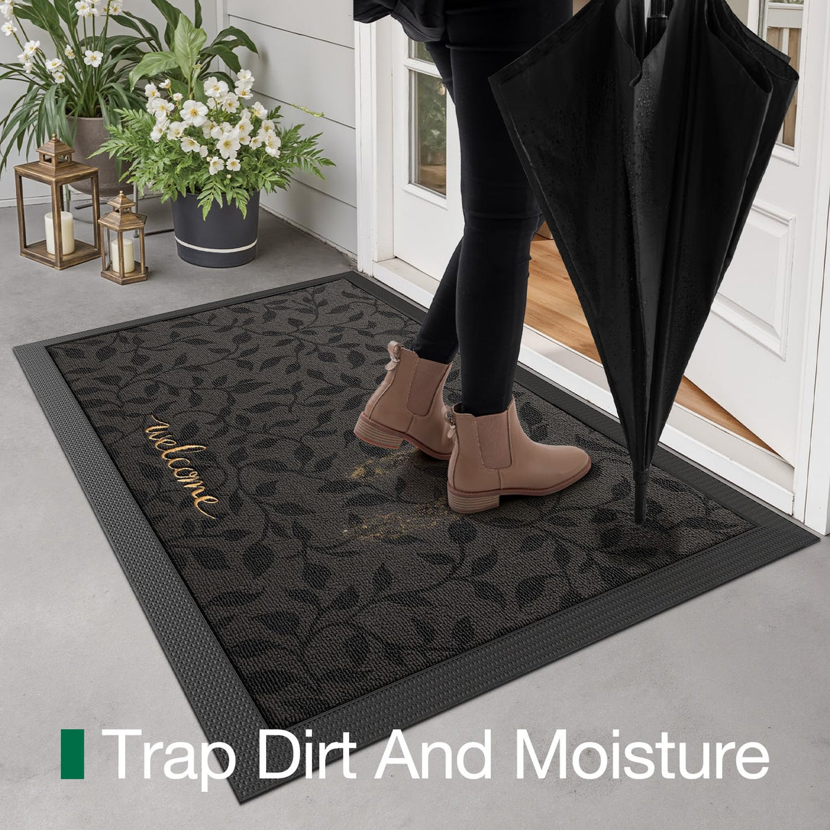 Beveled edge on LUMI doormat preventing water pooling at doorway