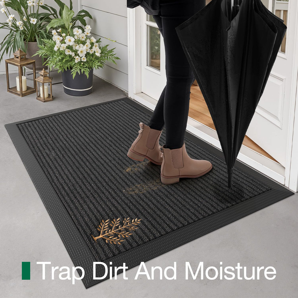 LUMI Premium Front Door Mat with beveled edges helps prevent water pooling near the door.