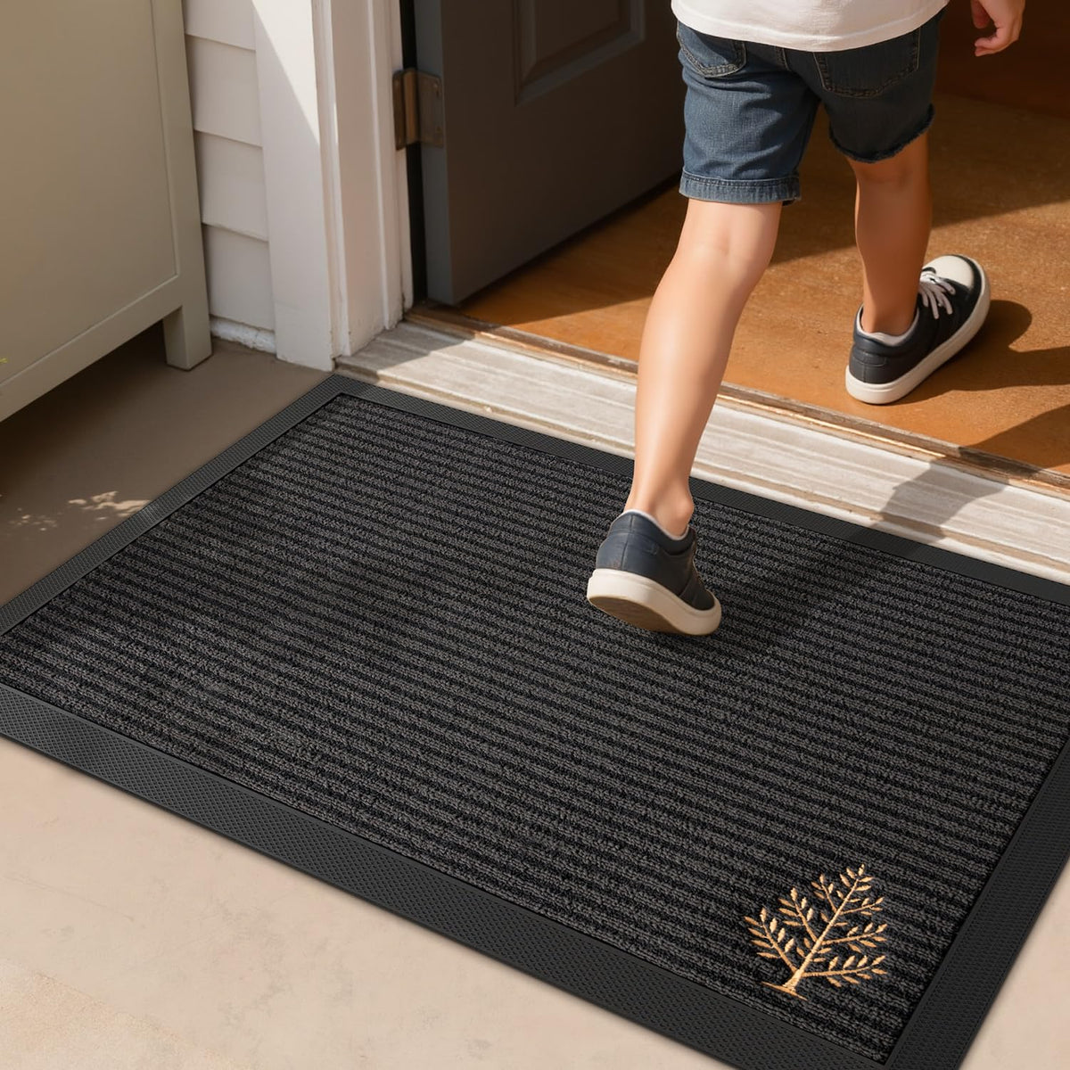 LUMI Premium Front Door Mat weather-resistant surface handles rain and mud.