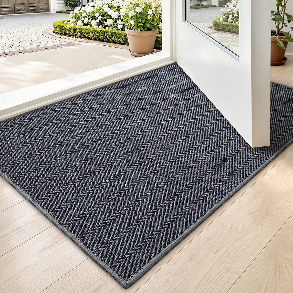 LUMI Ultra Thin Indoor Door Mat at the entrance, 17x30 inches, blends with decor.
