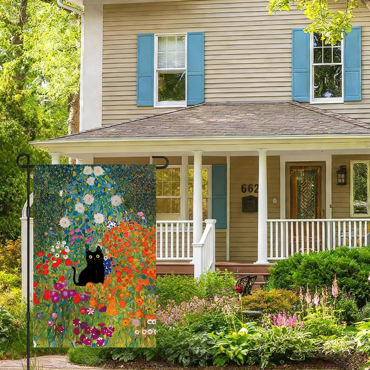 Lumifan Spring Cat Flag outdoor display on a garden stand for porch visibility.