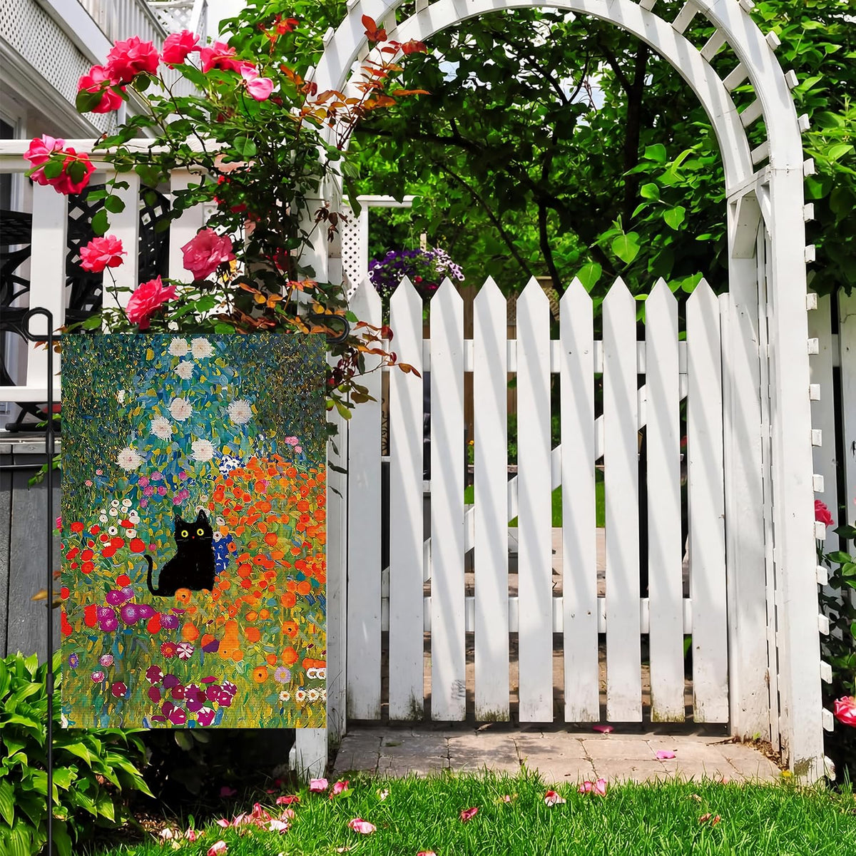 Lumifan Spring Cat Flag porch setup ready for quick, tool-free hanging.
