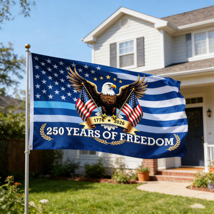 Lumigrain 250th anniversary USA flag, blue design, ideal for outdoor display; durable polyester resists fading.