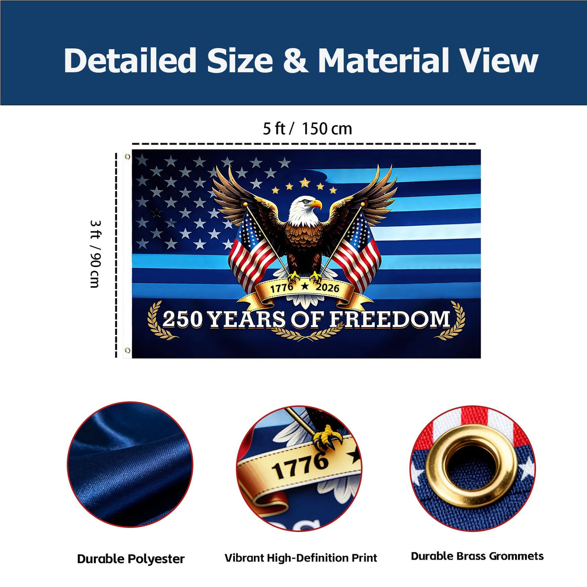 Lumigrain brass grommets flag header ensures secure hanging on poles even in breezy conditions.