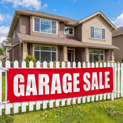 Lumina Garden garage sale banner 6x2ft red, high-visibility outdoor signage.