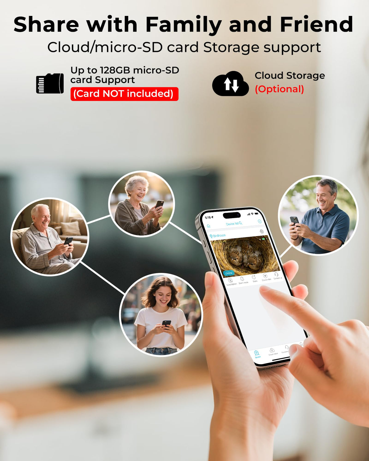 LuminiCam Bird House 2.4G Wi-Fi connectivity supports alerts and live viewing.
