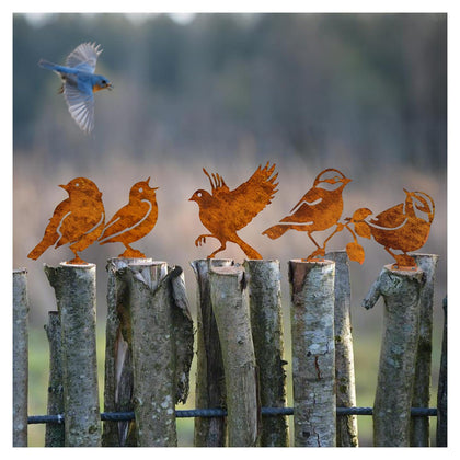 LUMINZENLUX rusty birds on a fence post evoke vintage charm and whimsy.