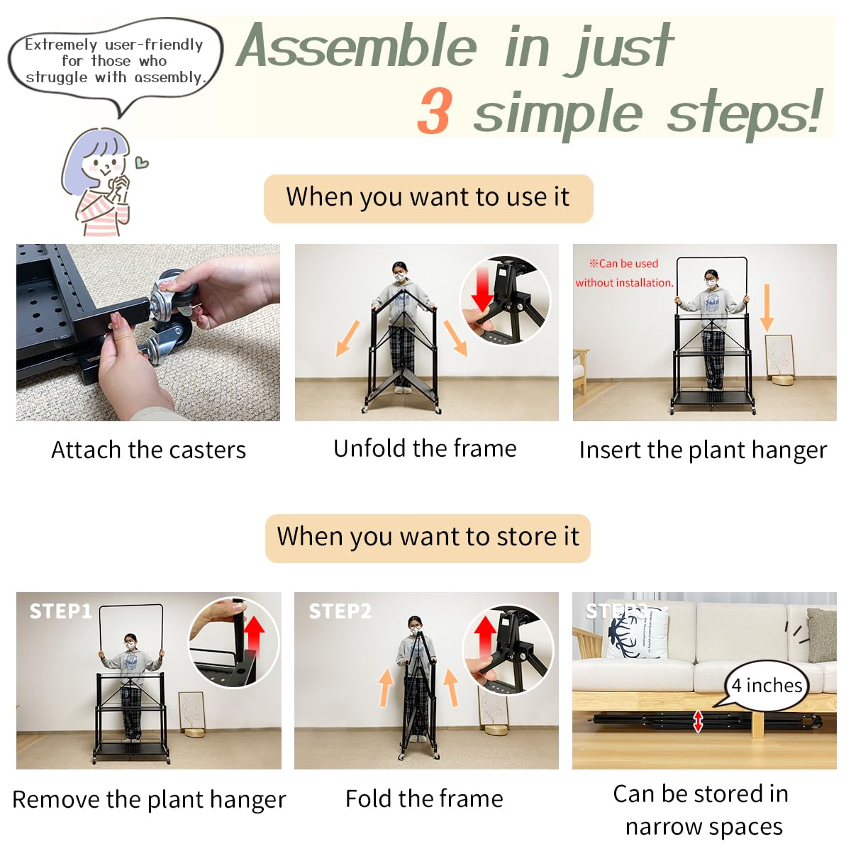 Lumizone foldable 4-tier plant stand with wheels for easy mobility.