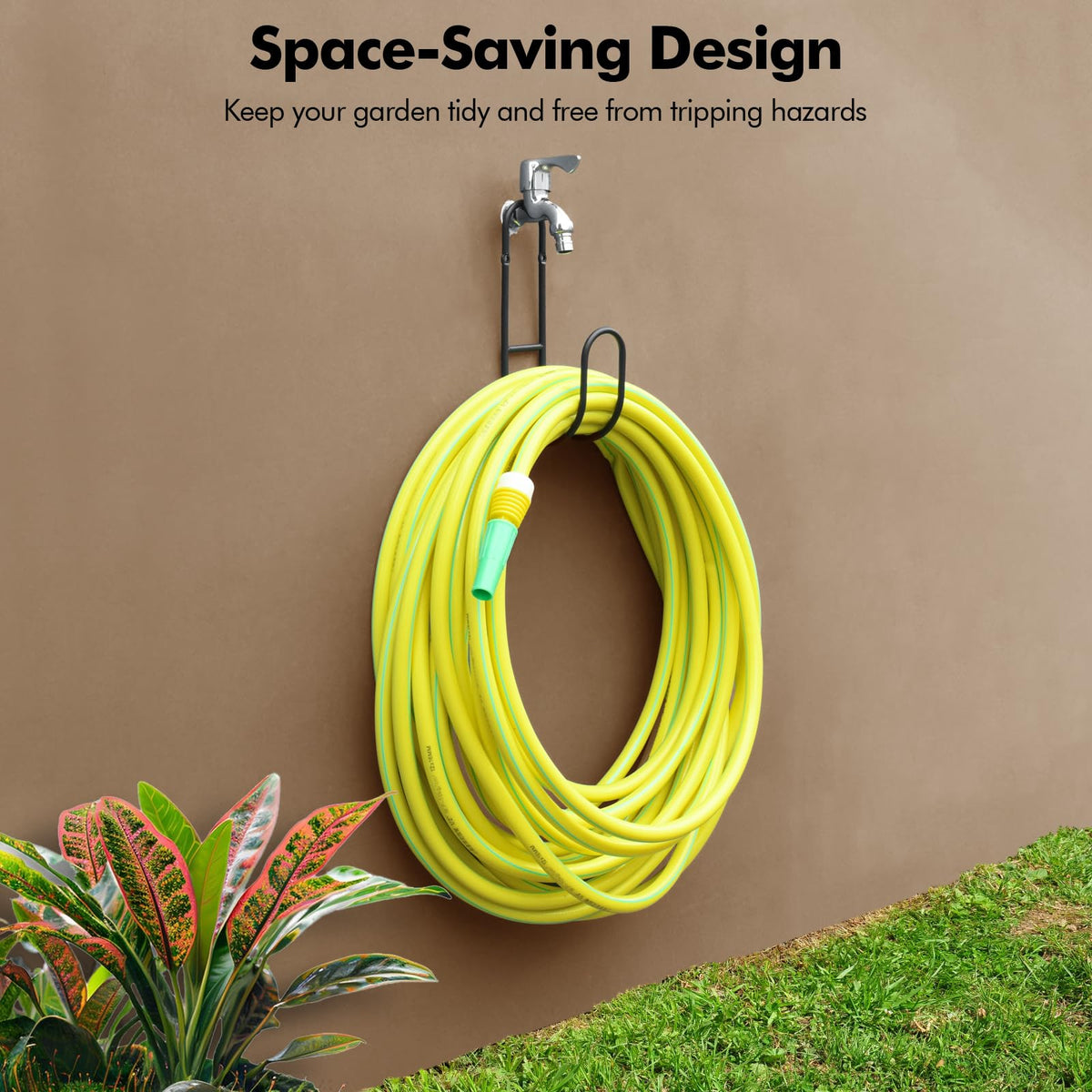 Lunhoo hose hanger outdoor storage rack secures hoses neatly.