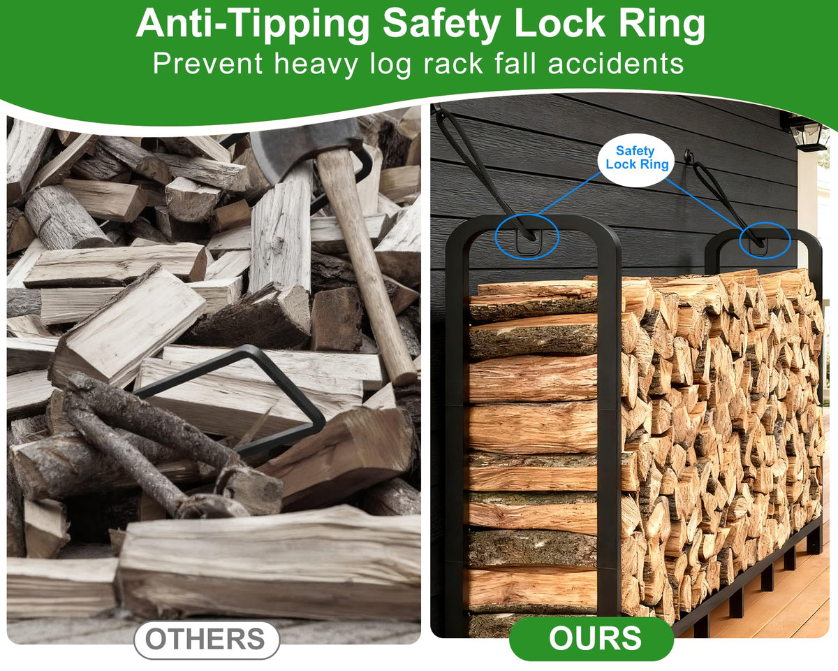 Luoieo Firewood Rack black finish blends with outdoor spaces.