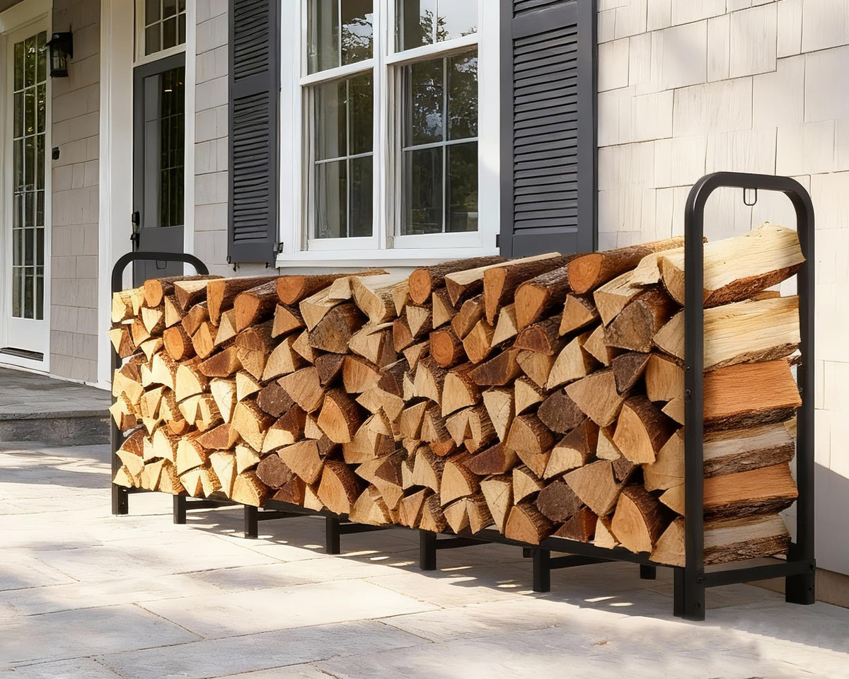 Luoieo Firewood Rack being assembled outdoors with tools and parts.