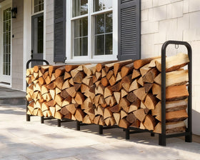 Luoieo Firewood Rack being assembled outdoors with tools and parts.