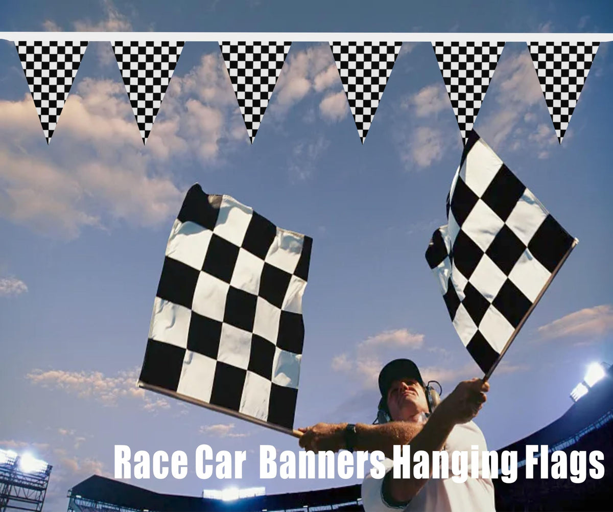 LUSEOAN banner flags for birthday parties with a racing theme.