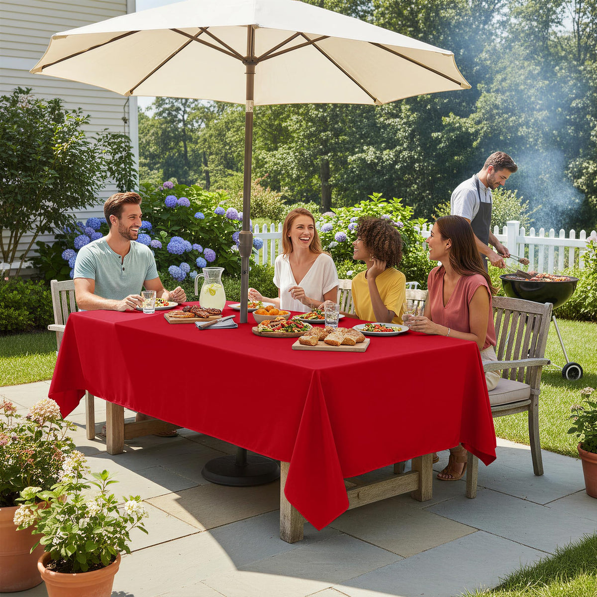 LUSHVIDA waterproof outdoor tablecloth keeps surfaces protected in sun or rain.
