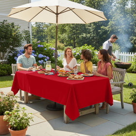 LUSHVIDA waterproof outdoor tablecloth keeps surfaces protected in sun or rain.