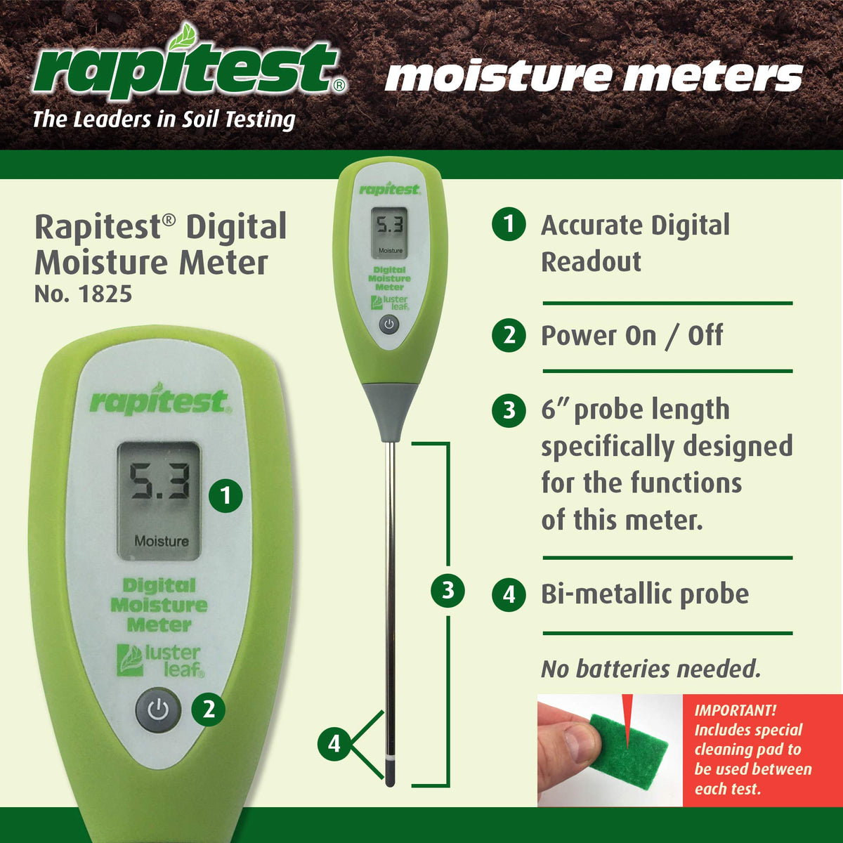 Luster Leaf Digital Moisture Meter closeup dial highlights simple, precise moisture readings