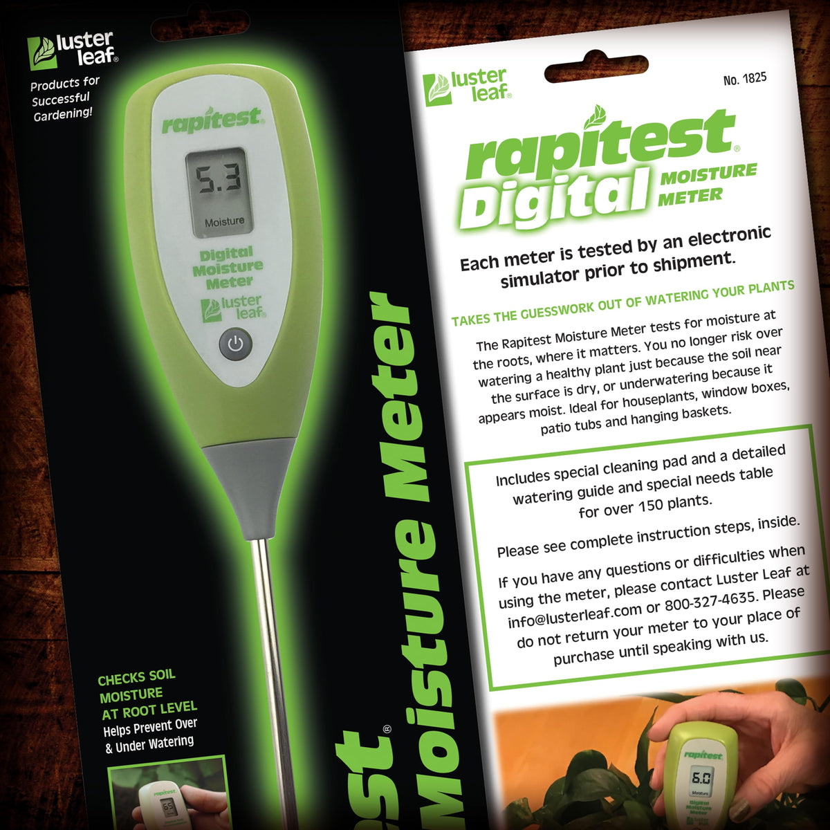 Luster Leaf Digital Moisture Meter with printed plant list aids quick plant care decisions