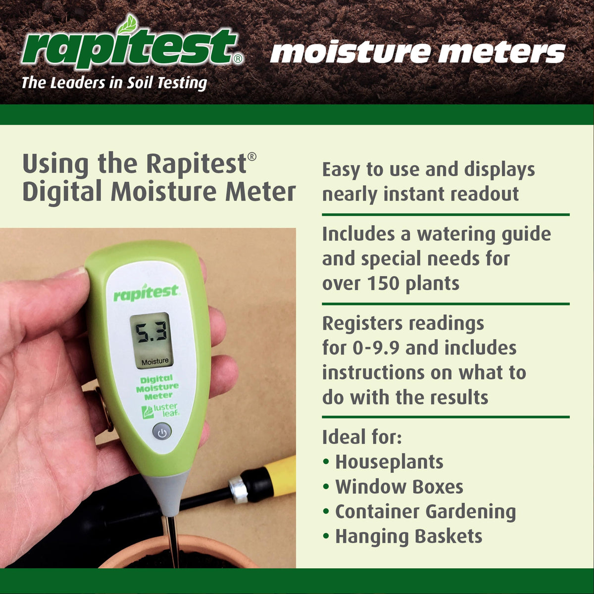 Luster Leaf Digital Moisture Meter designed in the USA for sturdy indoor soil checks