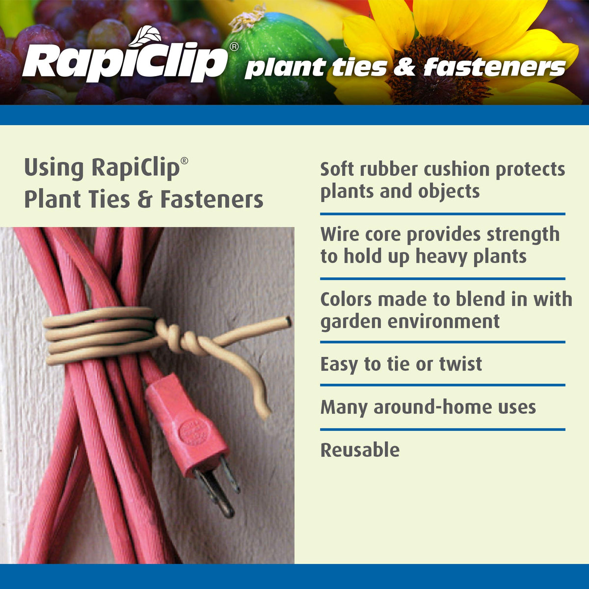 Luster Leaf Rapiclip adjustable plant tie in green grows with plants for ongoing support