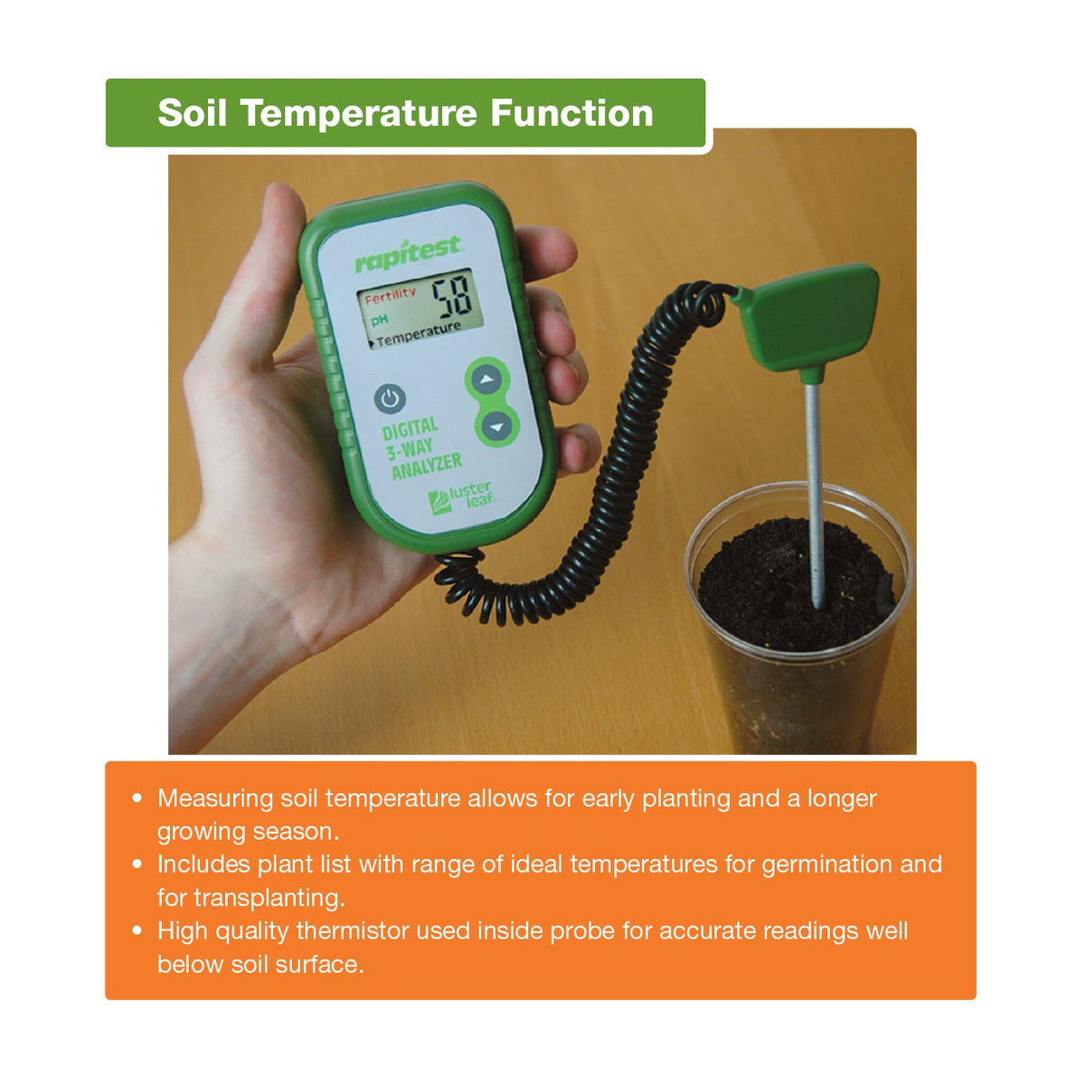 Luster Leaf Rapitest 1835 corded probe enables easy, simultaneous measurements in beds or pots.