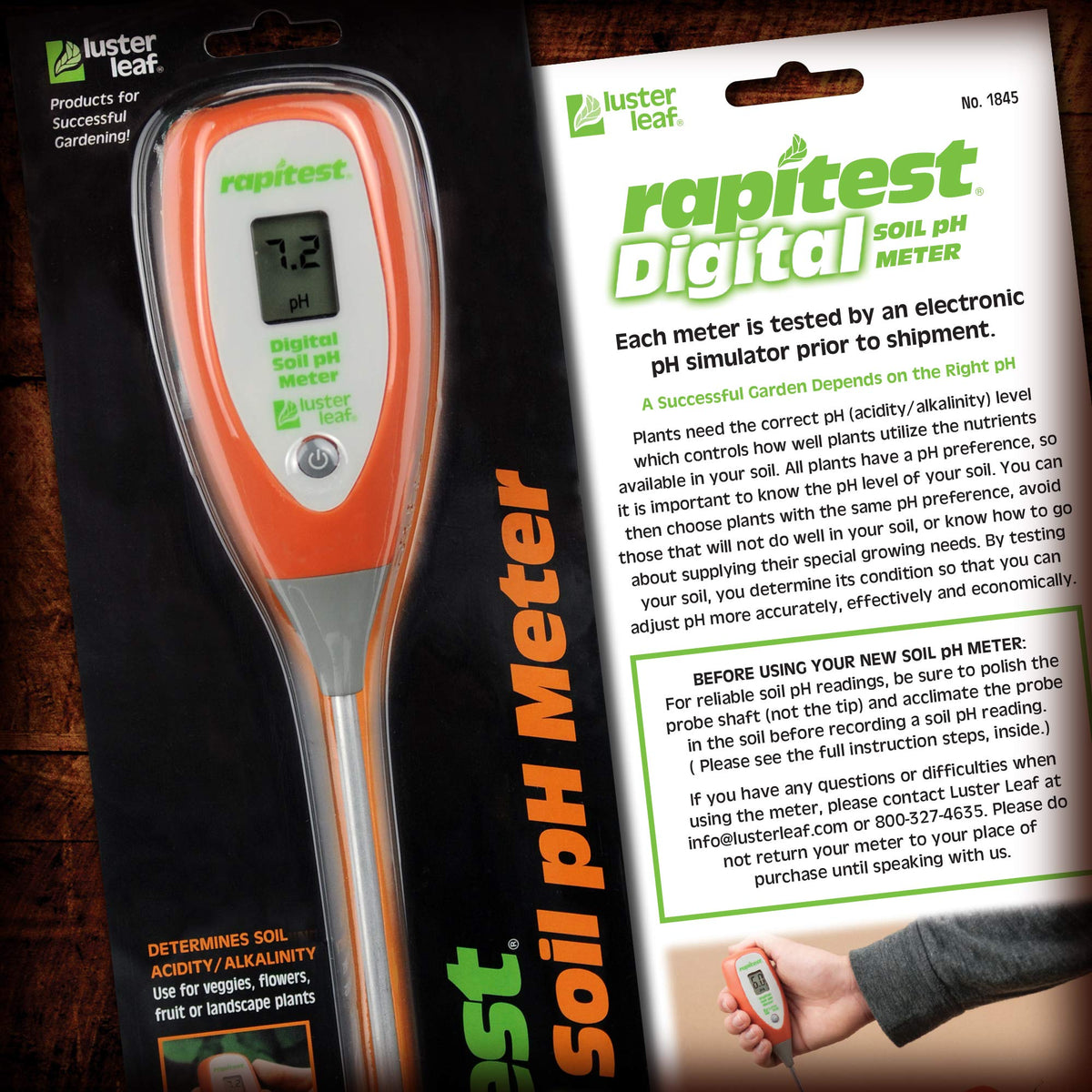 Luster Leaf Rapitest close-up highlights the durable, soil-specific meter design.