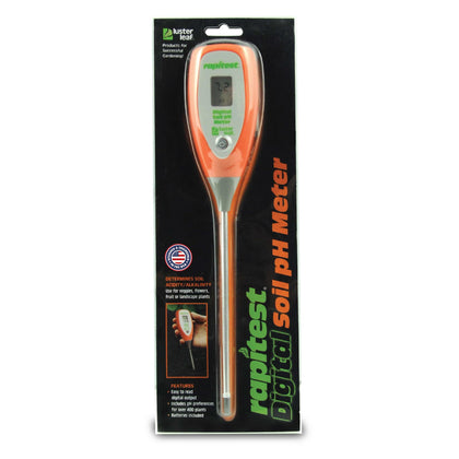 Luster Leaf Rapitest digital display shows soil pH at a glance for quick readings.