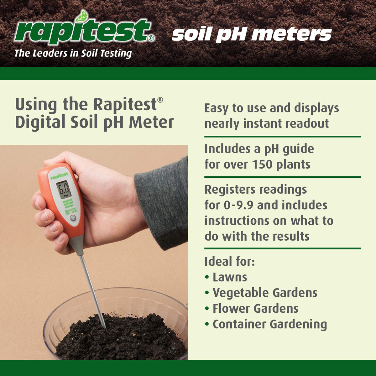 Luster Leaf Rapitest used in soil context demonstrates practical testing in pots.