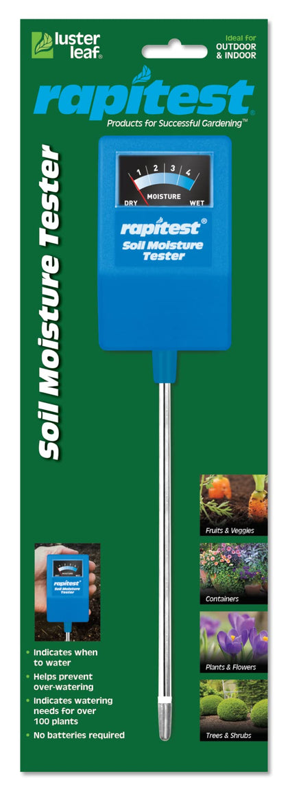 Luster Leaf Rapitest moisture meter in soil shows when to water for potted plants
