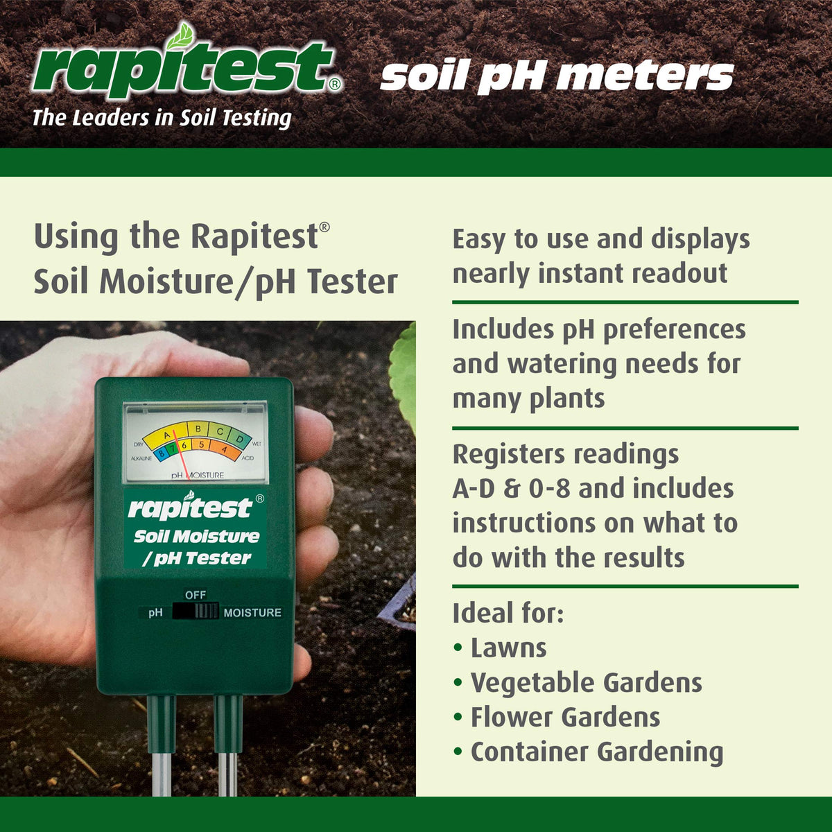 Luster Leaf Rapitest back view highlights durable design and soil only usage