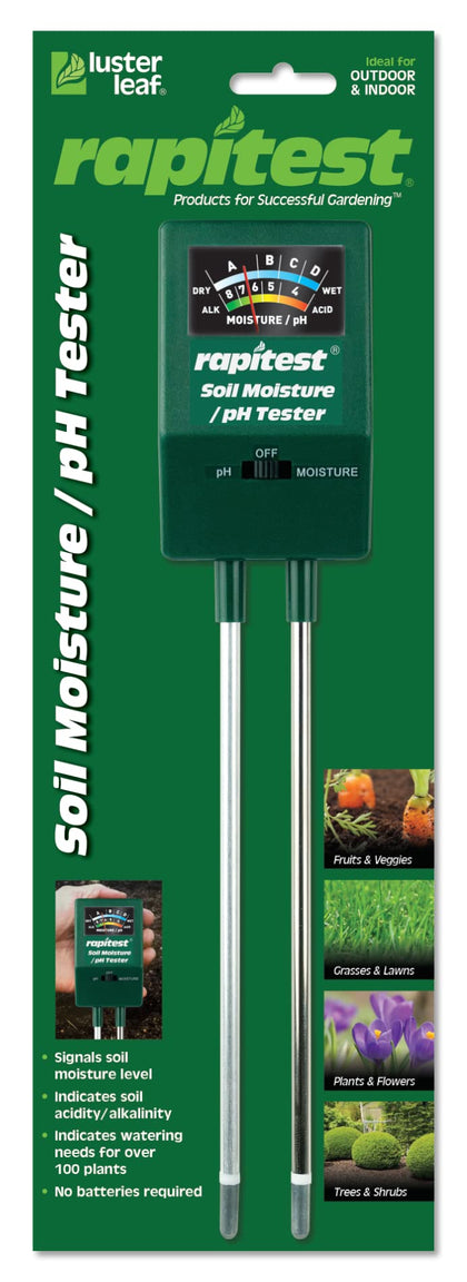 Luster Leaf Rapitest front view showing dual probes for soil testing to guide watering decisions
