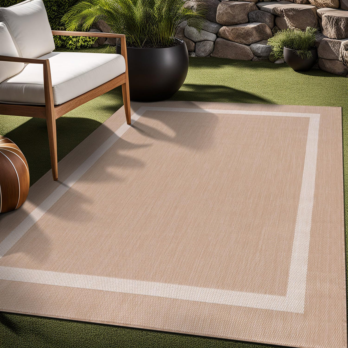 Luul Home bordered outdoor rug 5x7 beige border design complements modern and rustic decor.