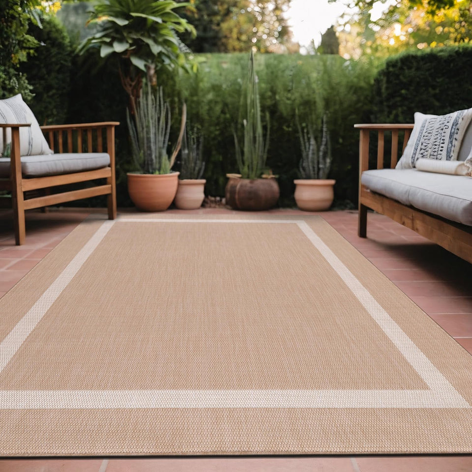 Luul Home bordered outdoor rug 6x9 beige for durable patio use.