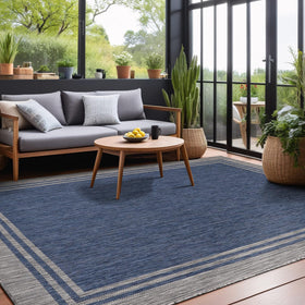 Luul Home luxury bordered design rug navy; elevates exterior and interior spaces.
