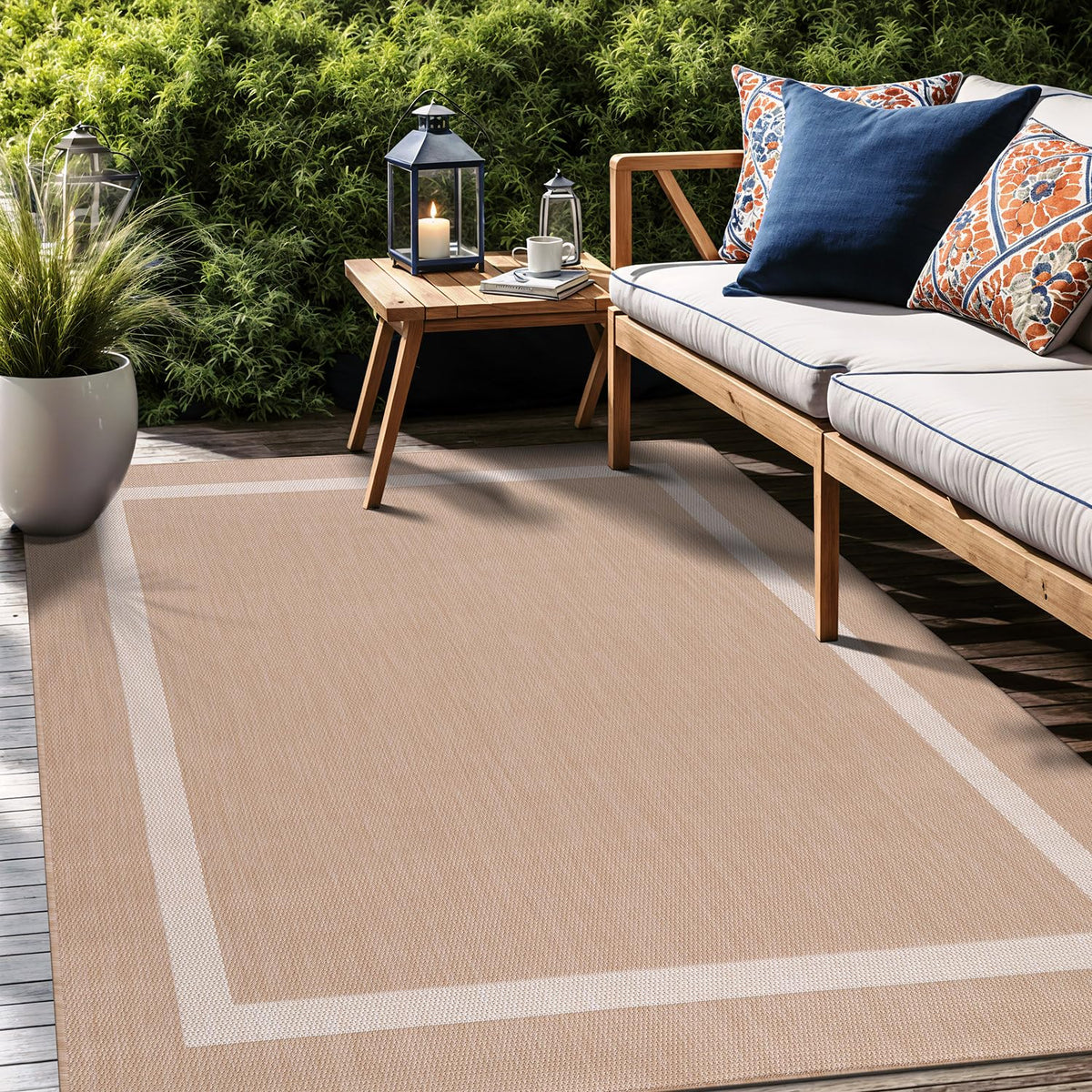 Luul Home bordered outdoor rug 9x12 easy-clean surface, wipe or hose-clean.