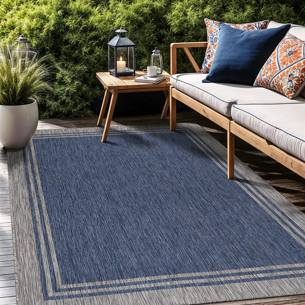 Luul Home stain-resistant outdoor rug beige; resists spills during outdoor meals.