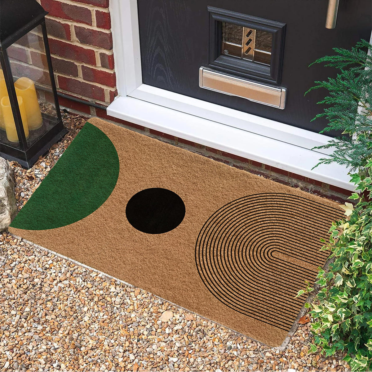Luvadian green-black boho welcome mat highlights stylish curb appeal and outdoor durability.
